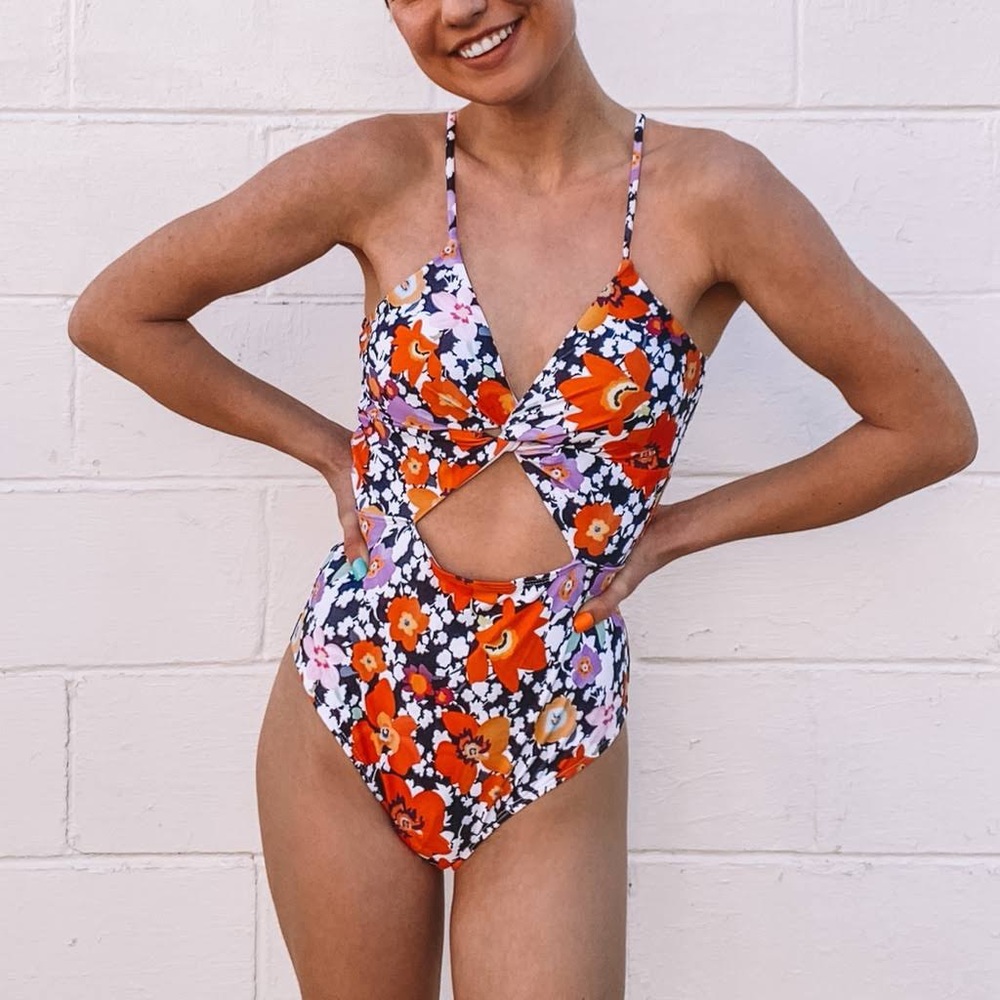 Pudcoco Women One Piece Swimming Bodysuit with Floral Print